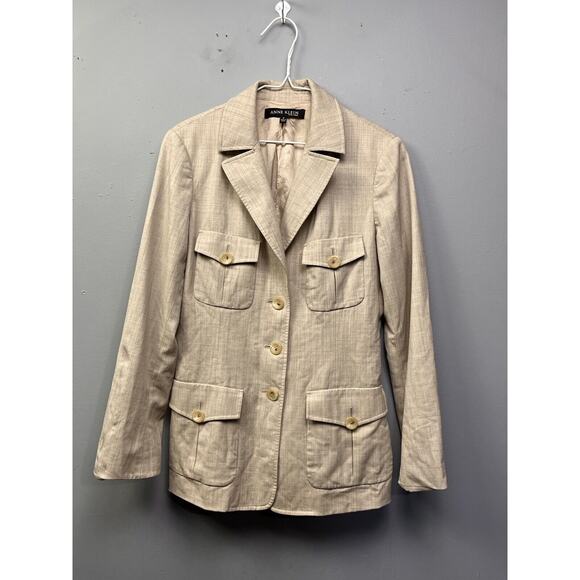 ANNE KLEIN Classic Blazer‎ Womens 6 Beige Wool Blend Pockets Safari Button front - Picture 1 of 7